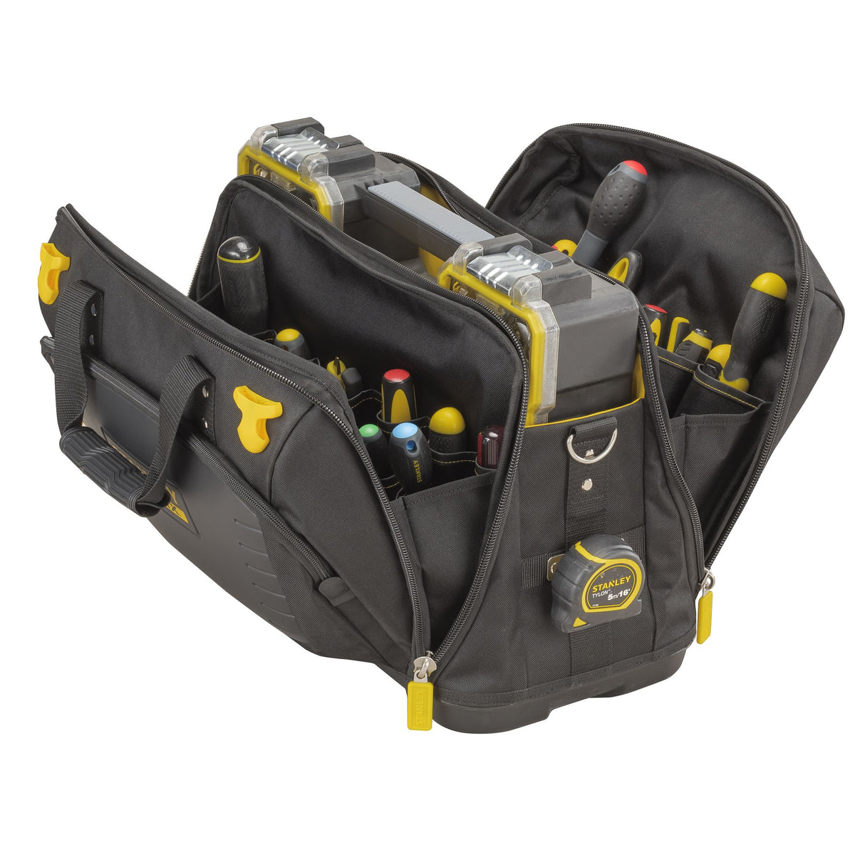 Sac à outils Stanley noir avec poches jaunes, rempli d’outils, type sacoche de chantier
