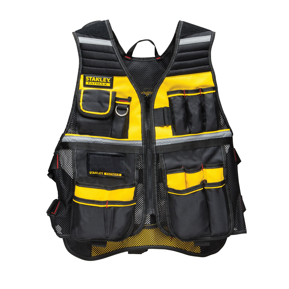 Gilet porte-outils Stanley Fatmax, noir et jaune, avec multiples poches de rangement.