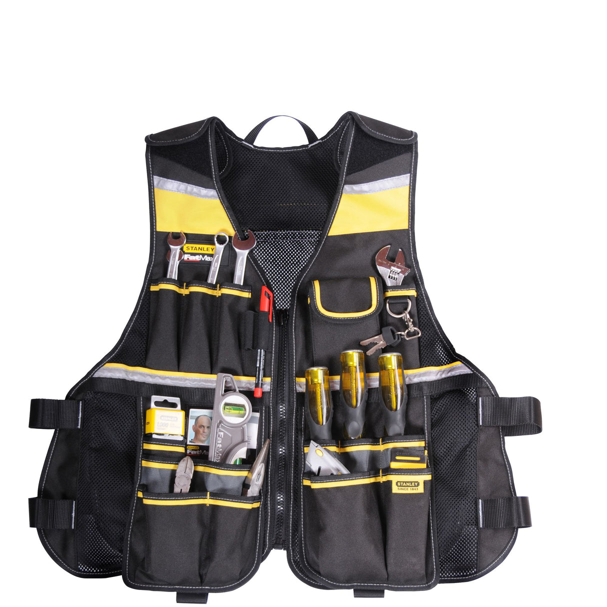 Gilet porte-outils Stanley noir et jaune avec poches et outils visibles, type gilet de travail.