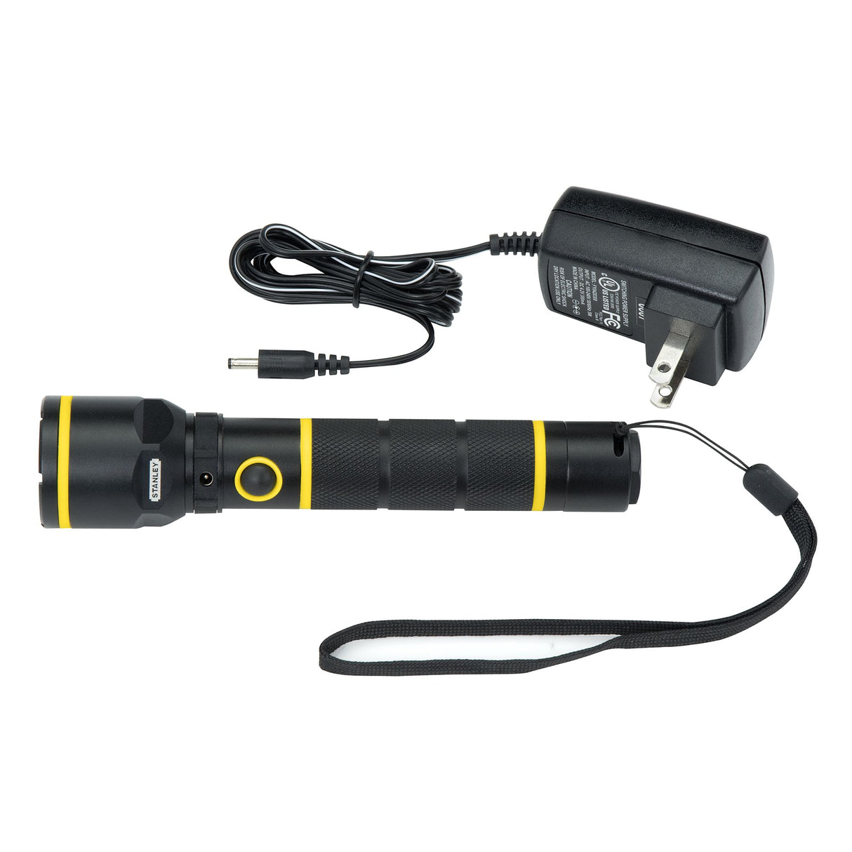 Lampe torche Stanley noire et jaune, avec chargeur, type lampe à main.