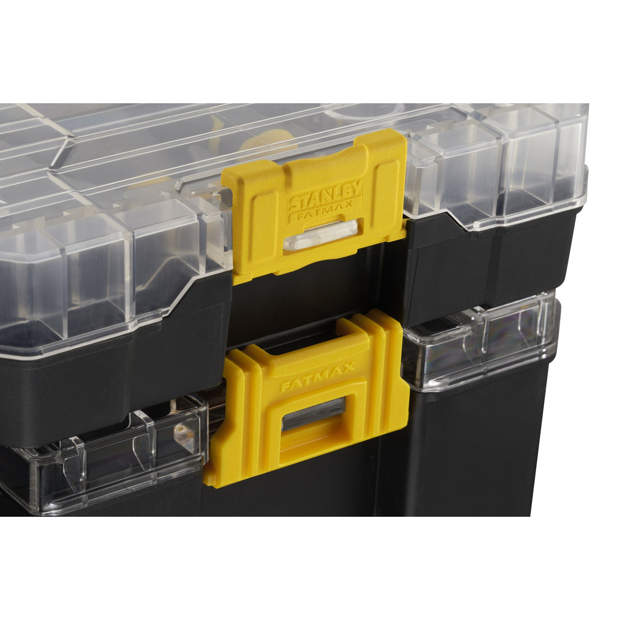 Boîte à outils Stanley Fatmax noire et jaune avec couvercle transparent