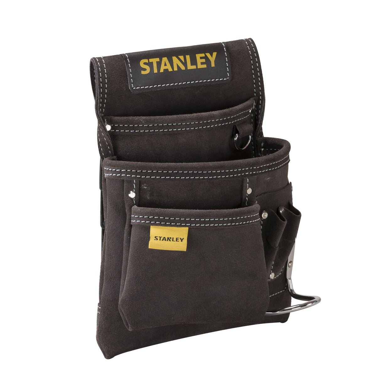 Porte-outils Stanley noir, pochette à outils en cuir avec plusieurs compartiments.