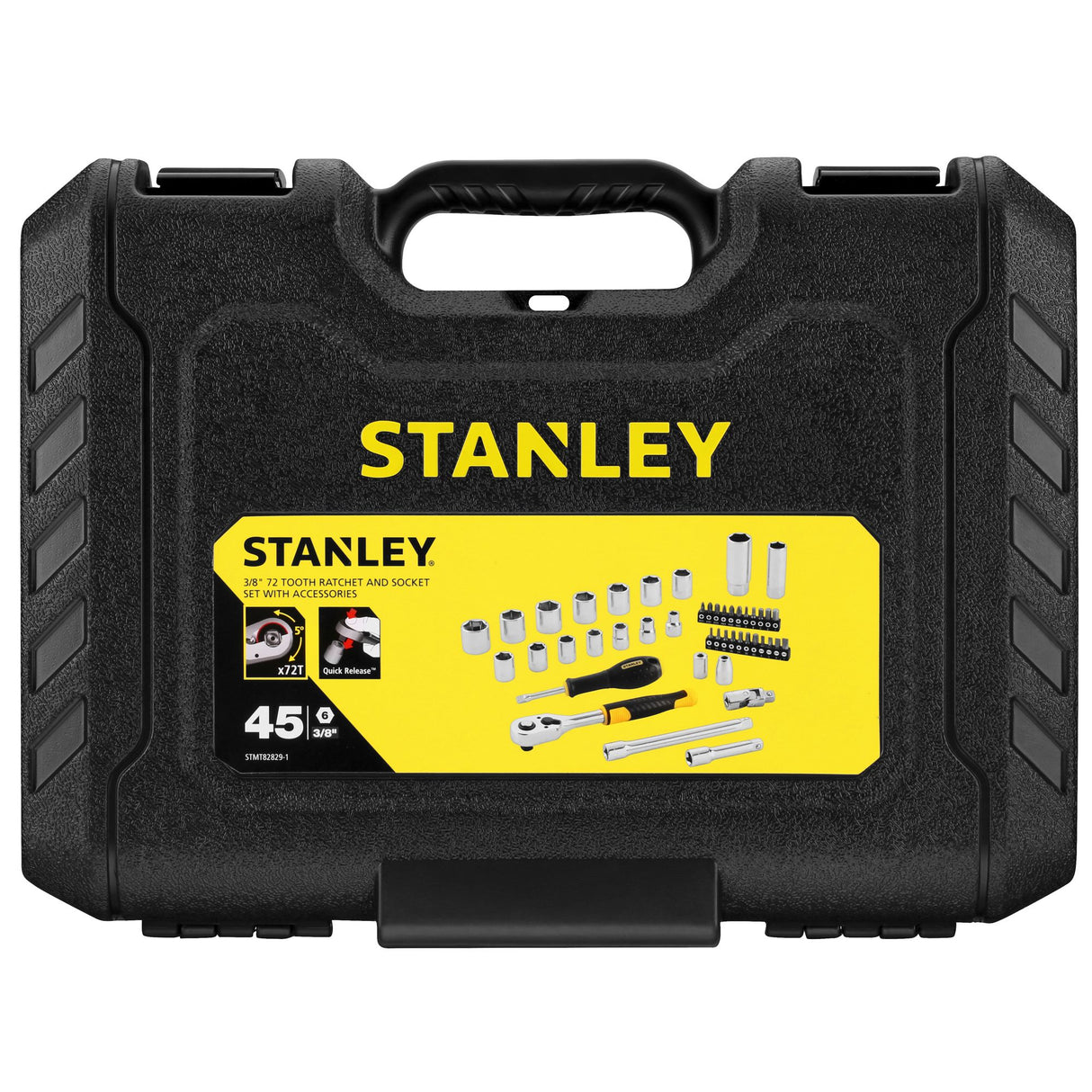 Coffret d’outils Stanley, mallette noire, set de cliquet et douilles, couleur noire.