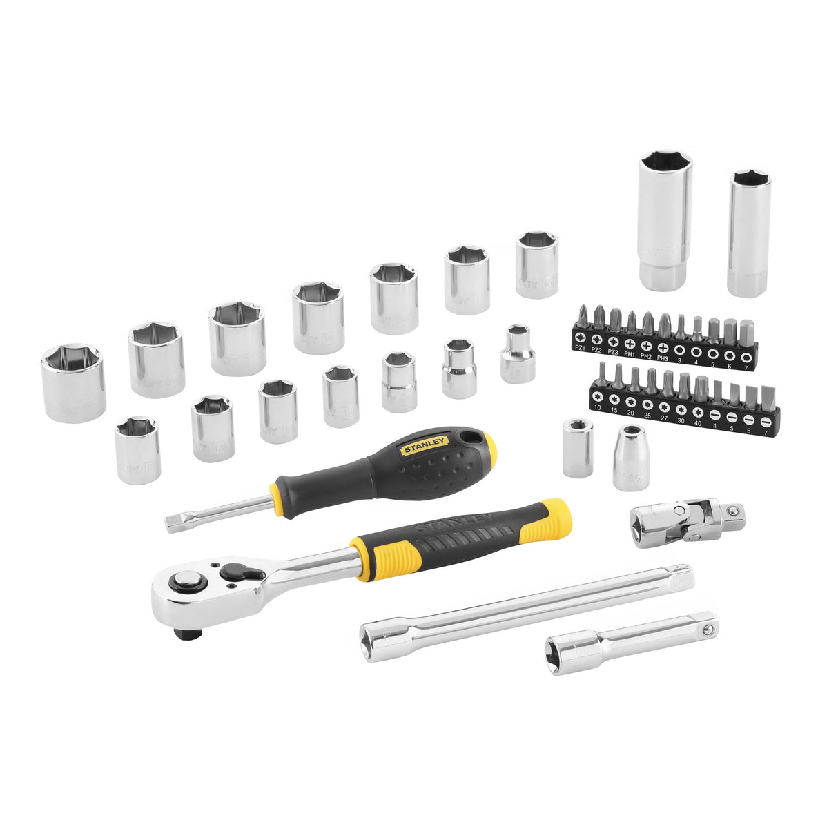 Coffret douilles et embouts Stanley, outillage à main, couleur argent et noir
