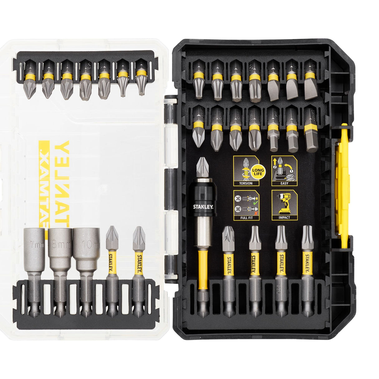 Coffret d'embouts de vissage Stanley, outillage, couleur noire et jaune.