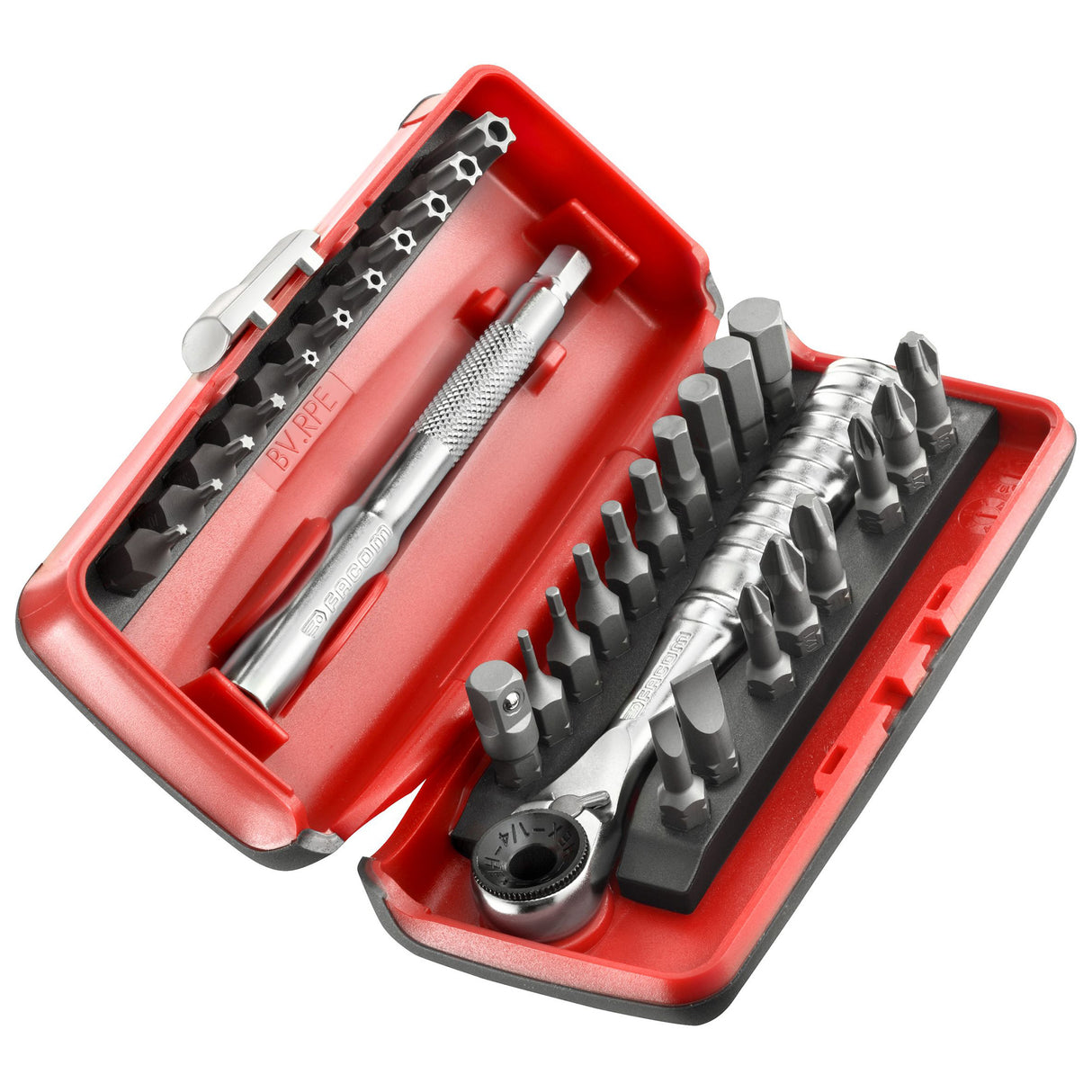 Coffret embouts et cliquet Facom, outillage couleur rouge et argent, marque Facom visible.