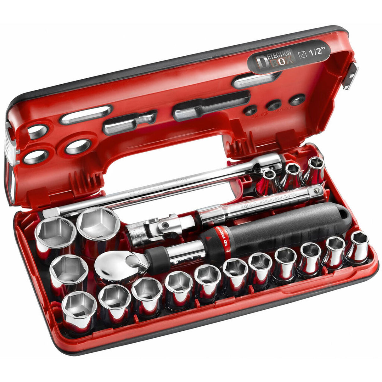 Coffret douilles Facom, outillage rouge et noir, clé cliquet et embouts chromés