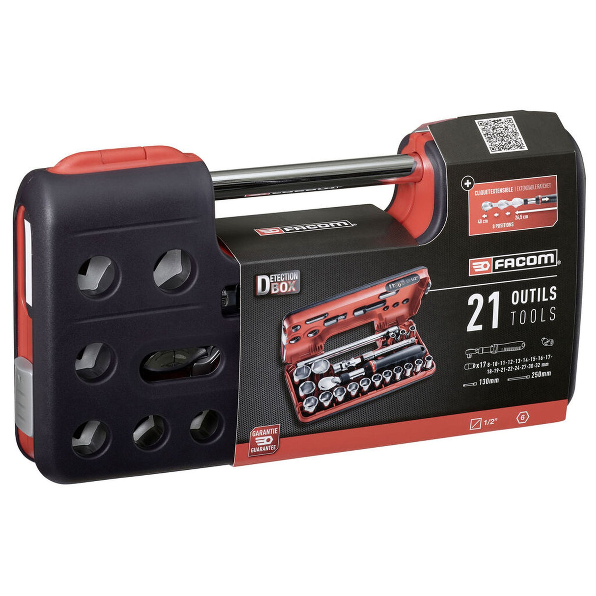 Coffret à douilles Facom, outillage main, 21 pièces, couleur noir et rouge.