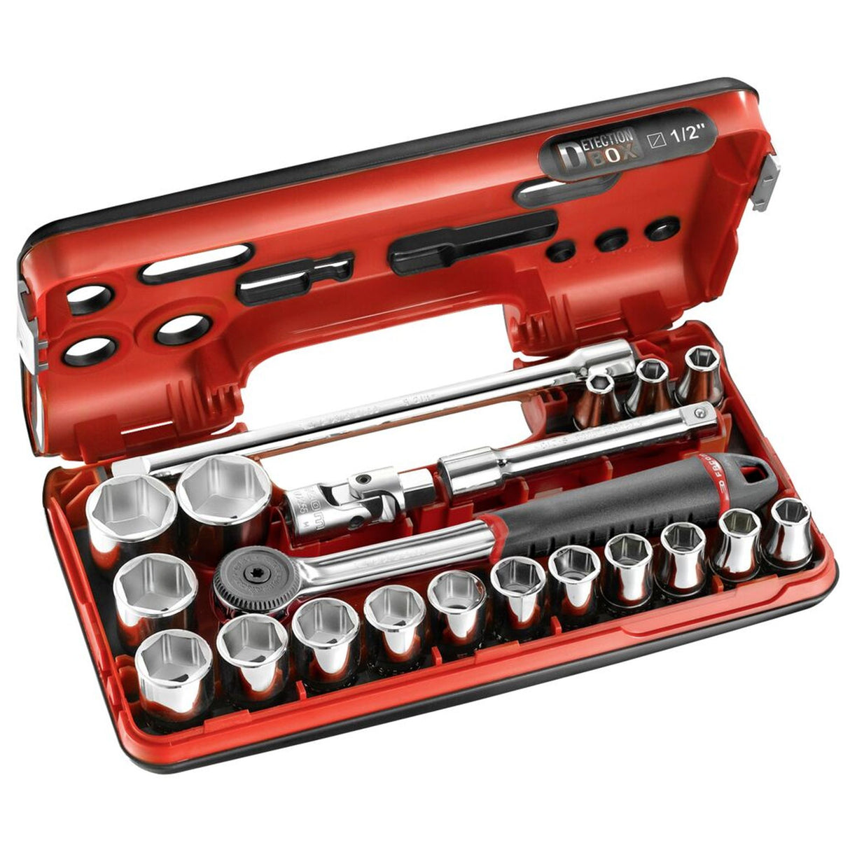 Coffret à douilles Facom, outillage main, couleur rouge et noir, avec cliquet et douilles.