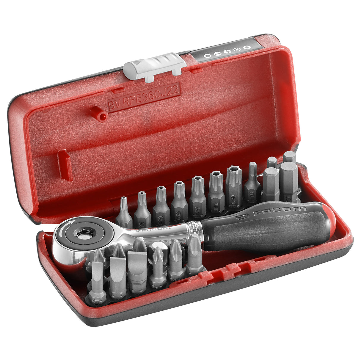 Coffret Facom mini cliquet, tournevis et embouts, couleur gris et rouge.