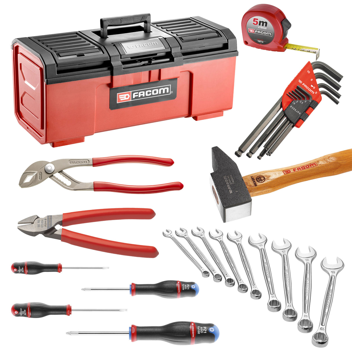 Coffret à outils Facom rouge, comprenant marteau, tournevis, clés plates et pinces.