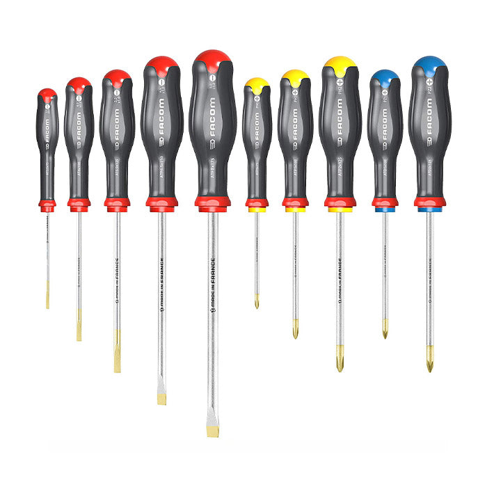 Set de tournevis Facom, outils à poignée noire et rouge, embout métal, couleurs rouge, jaune et bleu