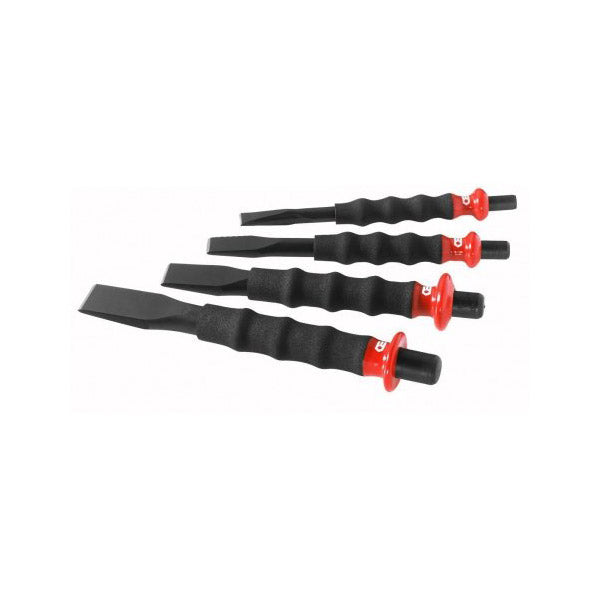 Jeu de burins noirs Facom avec manche ergonomique noir et rouge, outillage main.