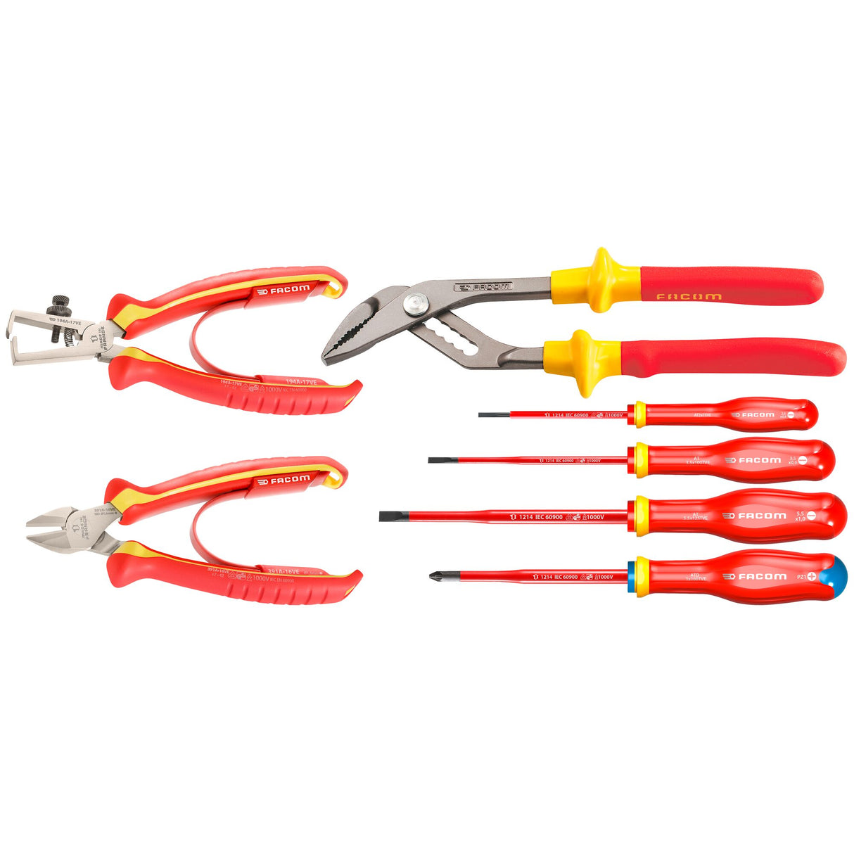Set d’outils Facom, tournevis, pinces et coupe-fils, outils isolés, couleur rouge et jaune.