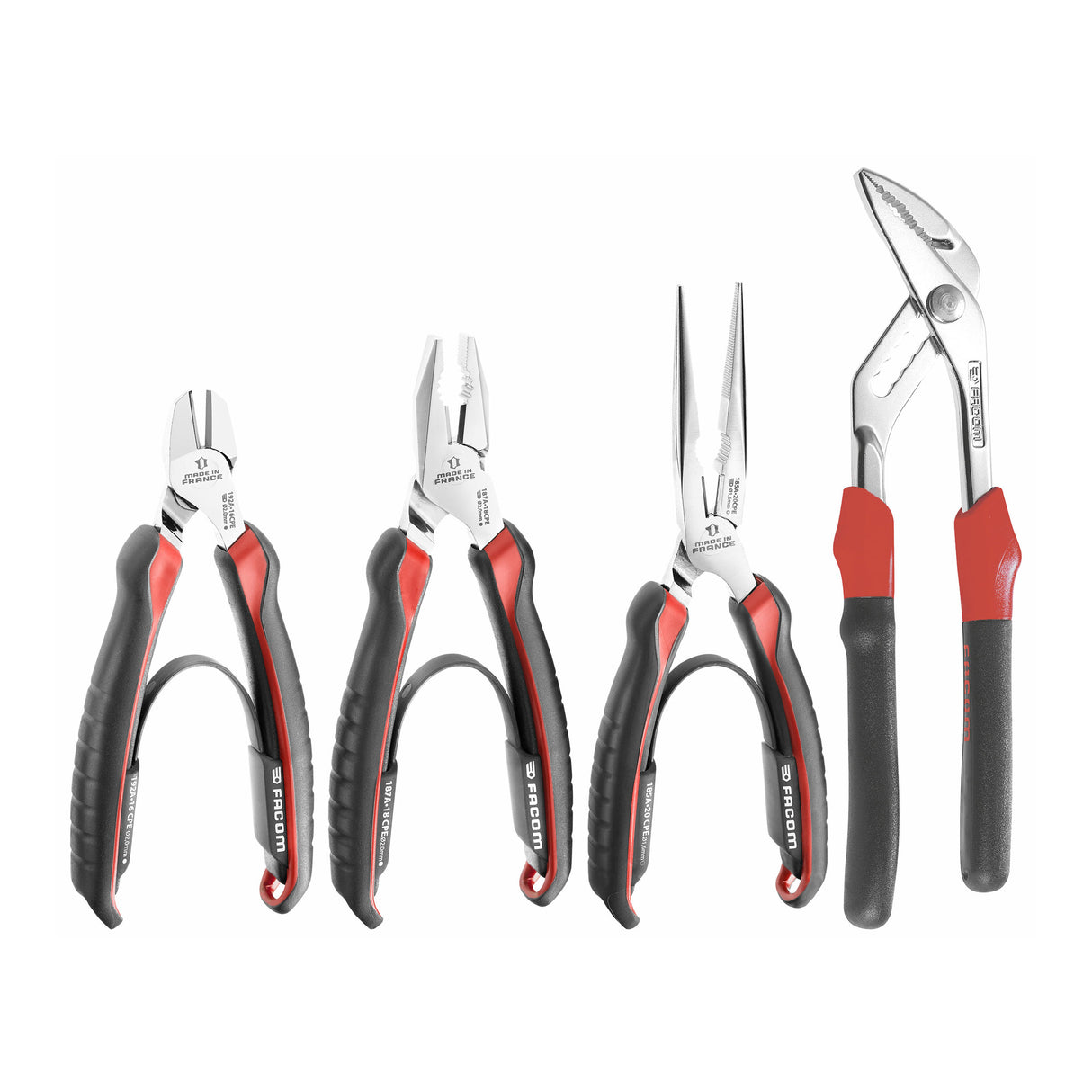 Set de pinces Facom, outillage à main, couleur noir et rouge, pour plomberie.