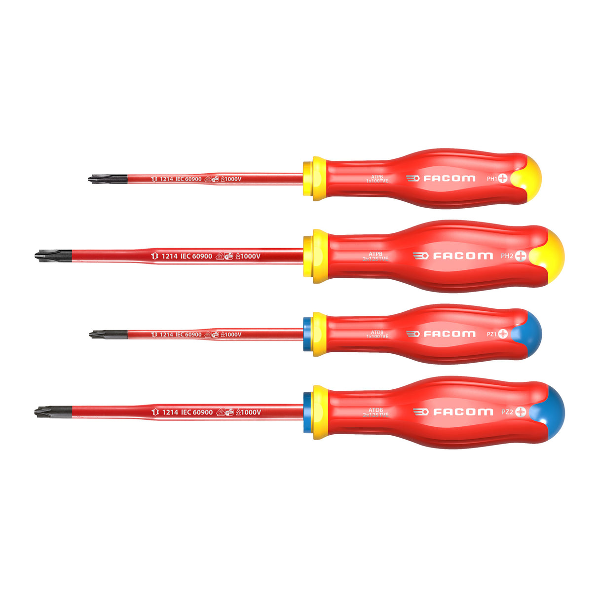 Jeu de tournevis isolés Facom, outillage rouge et jaune, poignées ergonomiques.