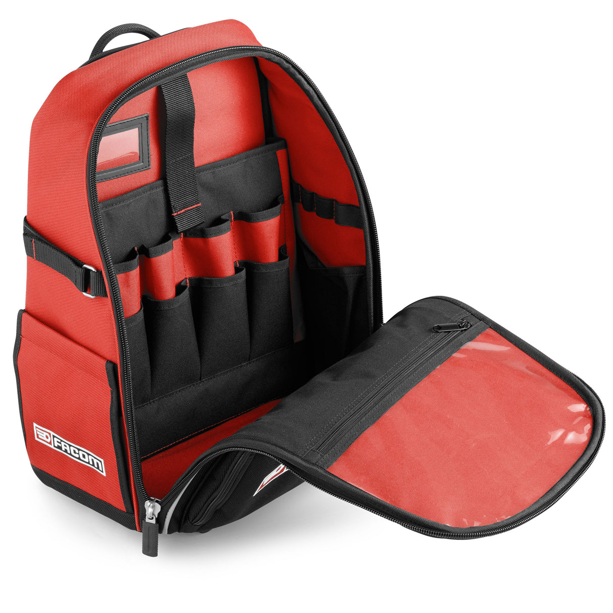 Sac à outils Facom, rouge et noir, avec multiples compartiments ouverts pour rangement