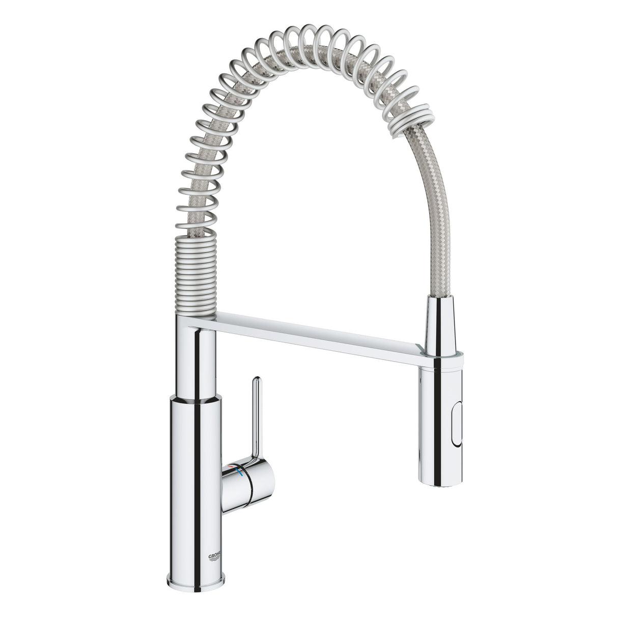 Mitigeur de cuisine Grohe, robinet type douchette, couleur chromée brillante.