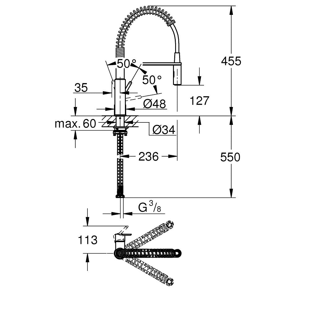 Mitigeur Grohe, robinetterie cuisine inox argent avec schéma technique détaillé.