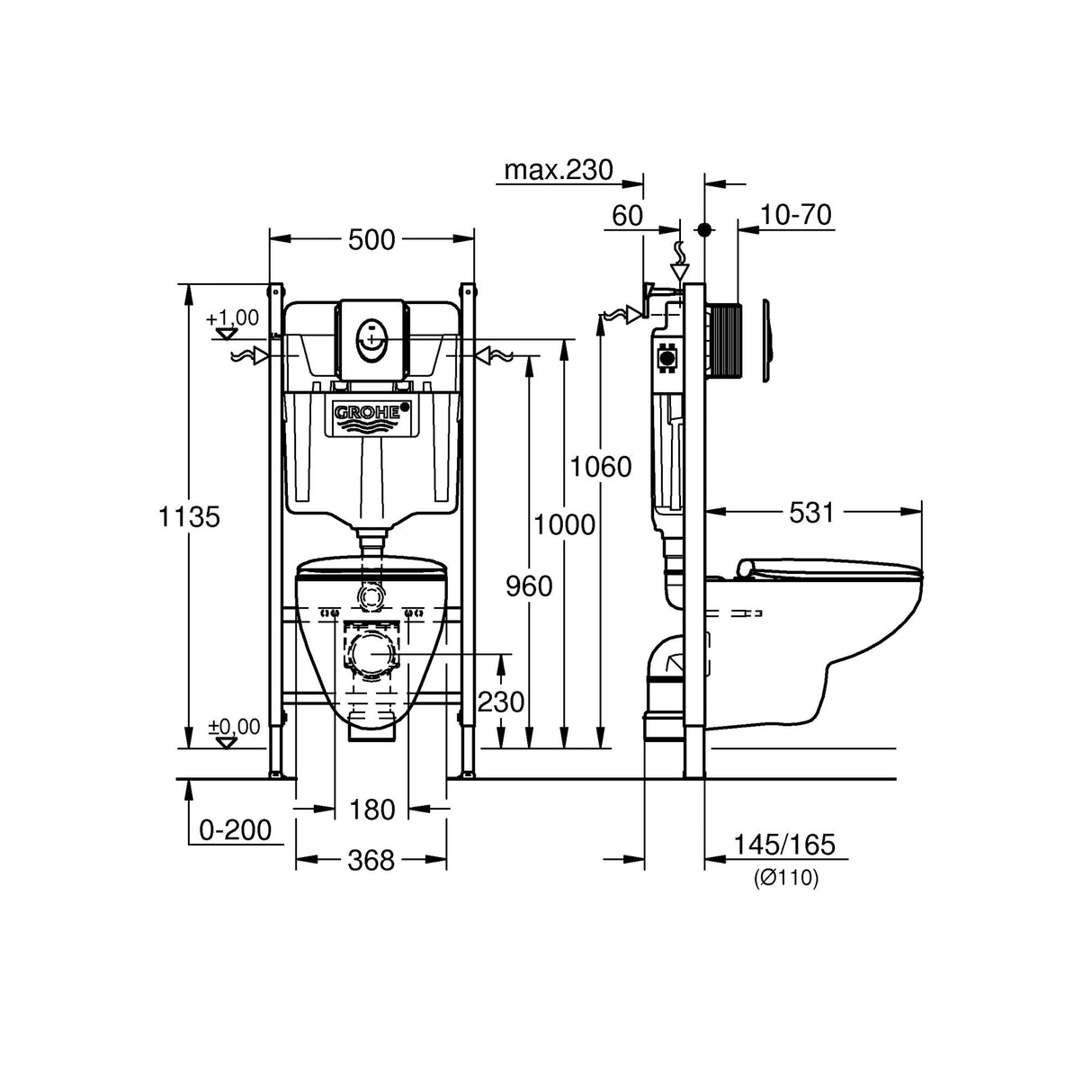 Bâti-support WC Grohe, type sanitaire, couleur métallique, avec schéma des dimensions.