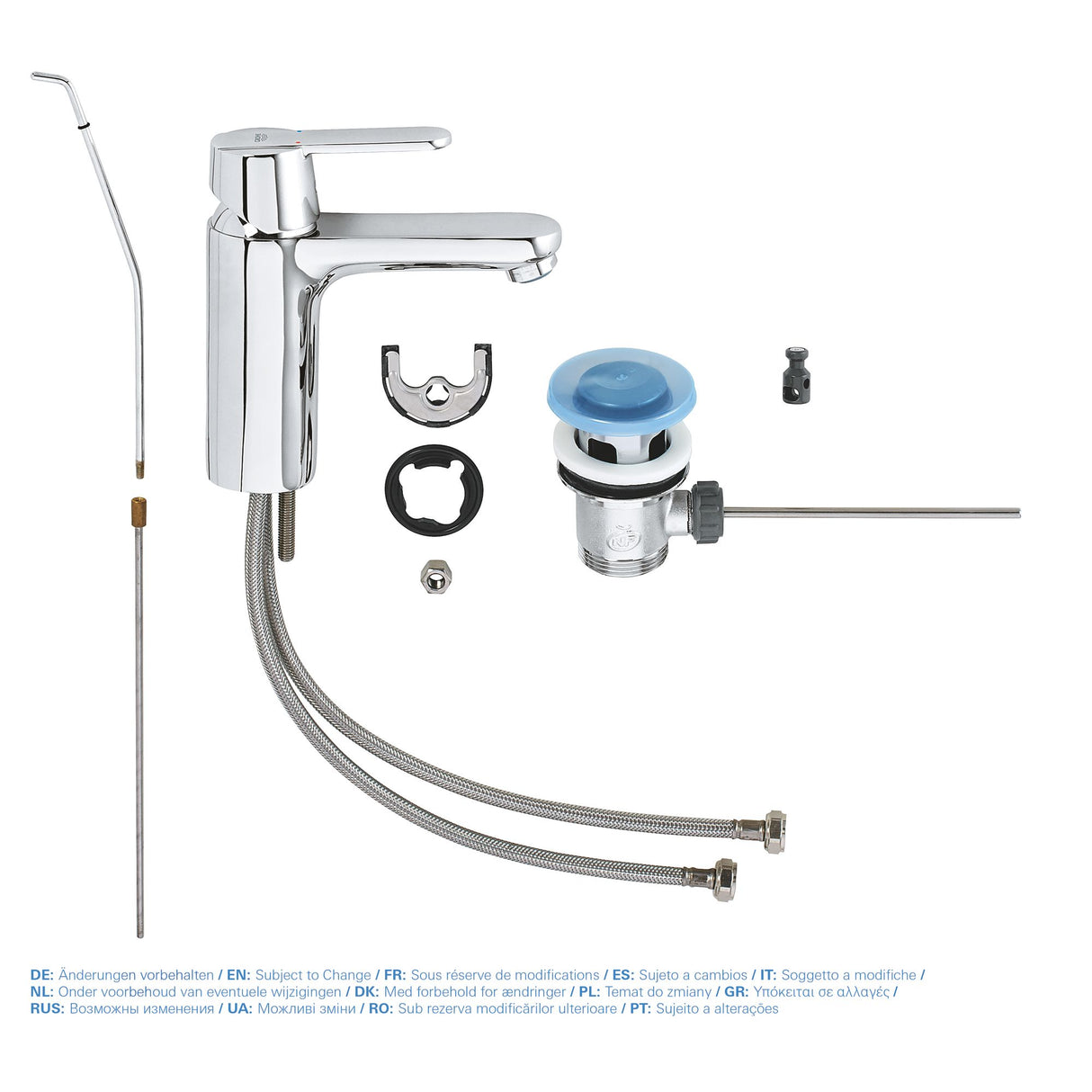 Mitigeur lavabo chromé Grohe avec accessoires de montage, couleur argentée.