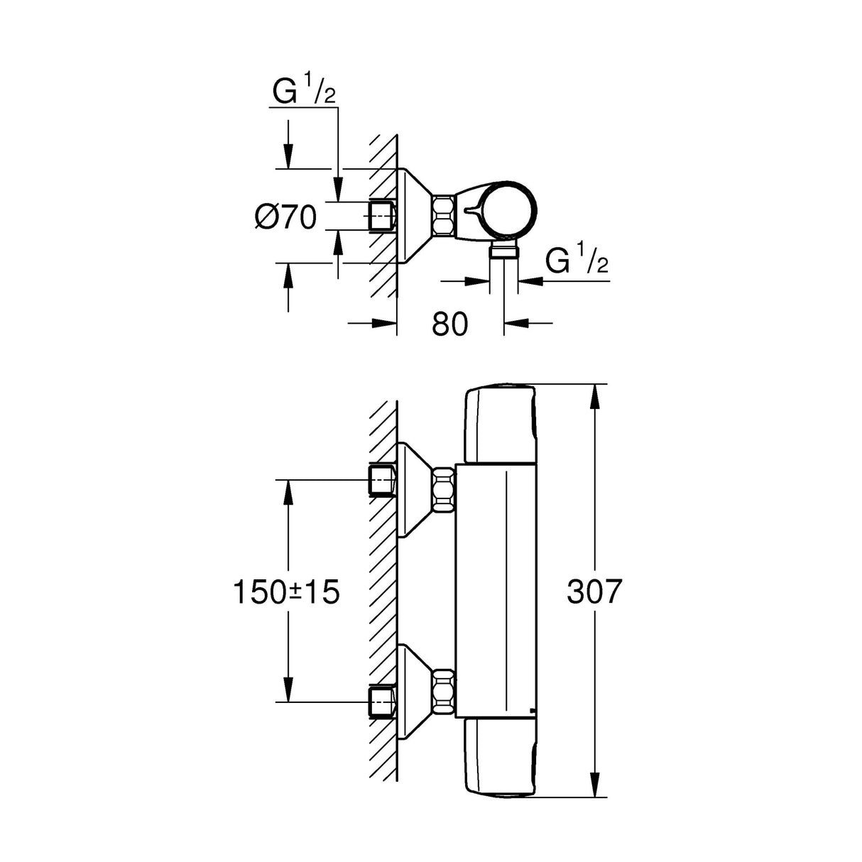 Plan technique mitigeur de douche Grohe, produit chromé, schéma dimensionnel précis
