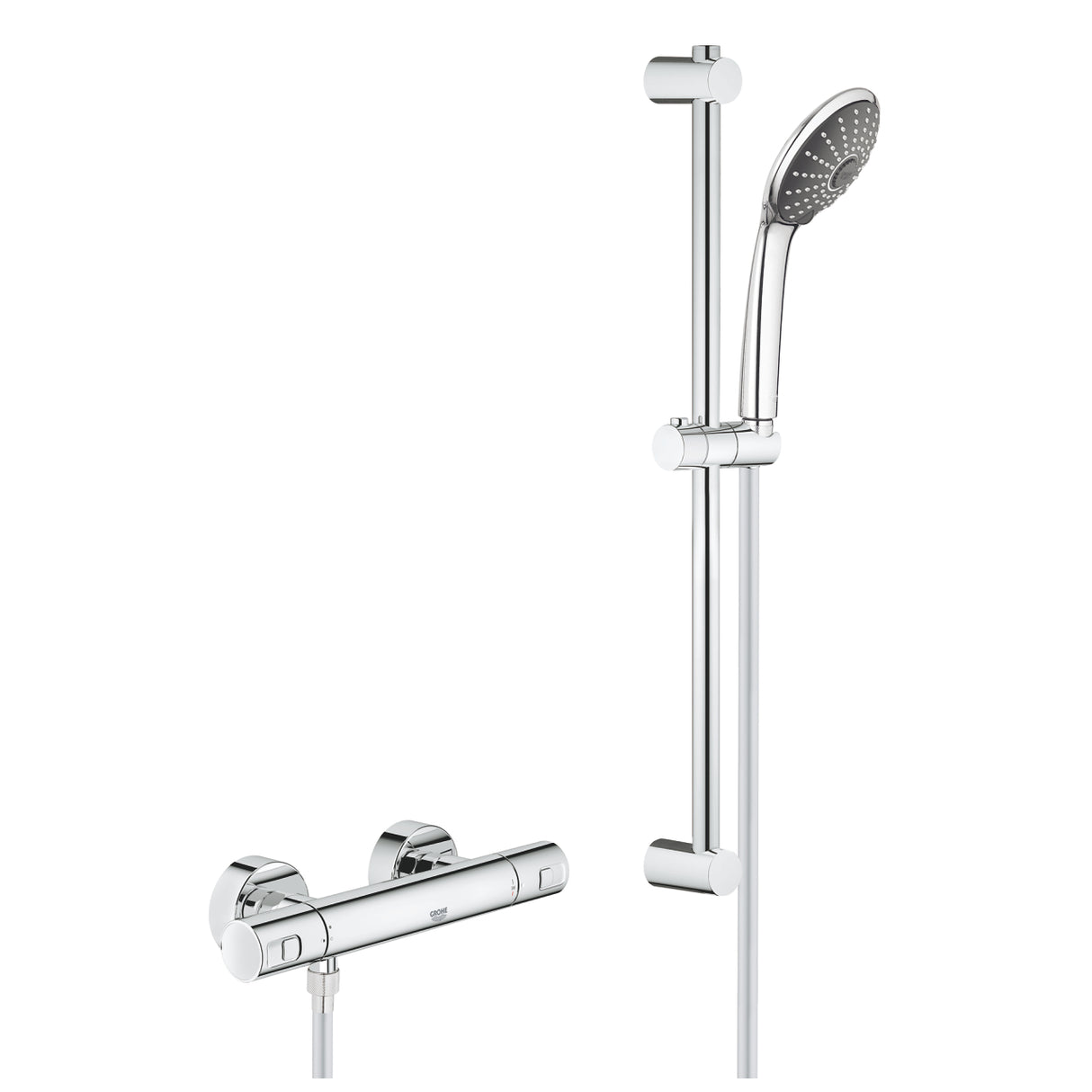 Colonne de douche Grohe, robinetterie et pommeau, finition chromée argentée