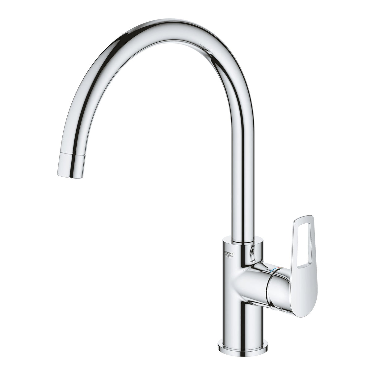 Mitigeur de cuisine Grohe, robinet en chrome, design moderne et poignée latérale