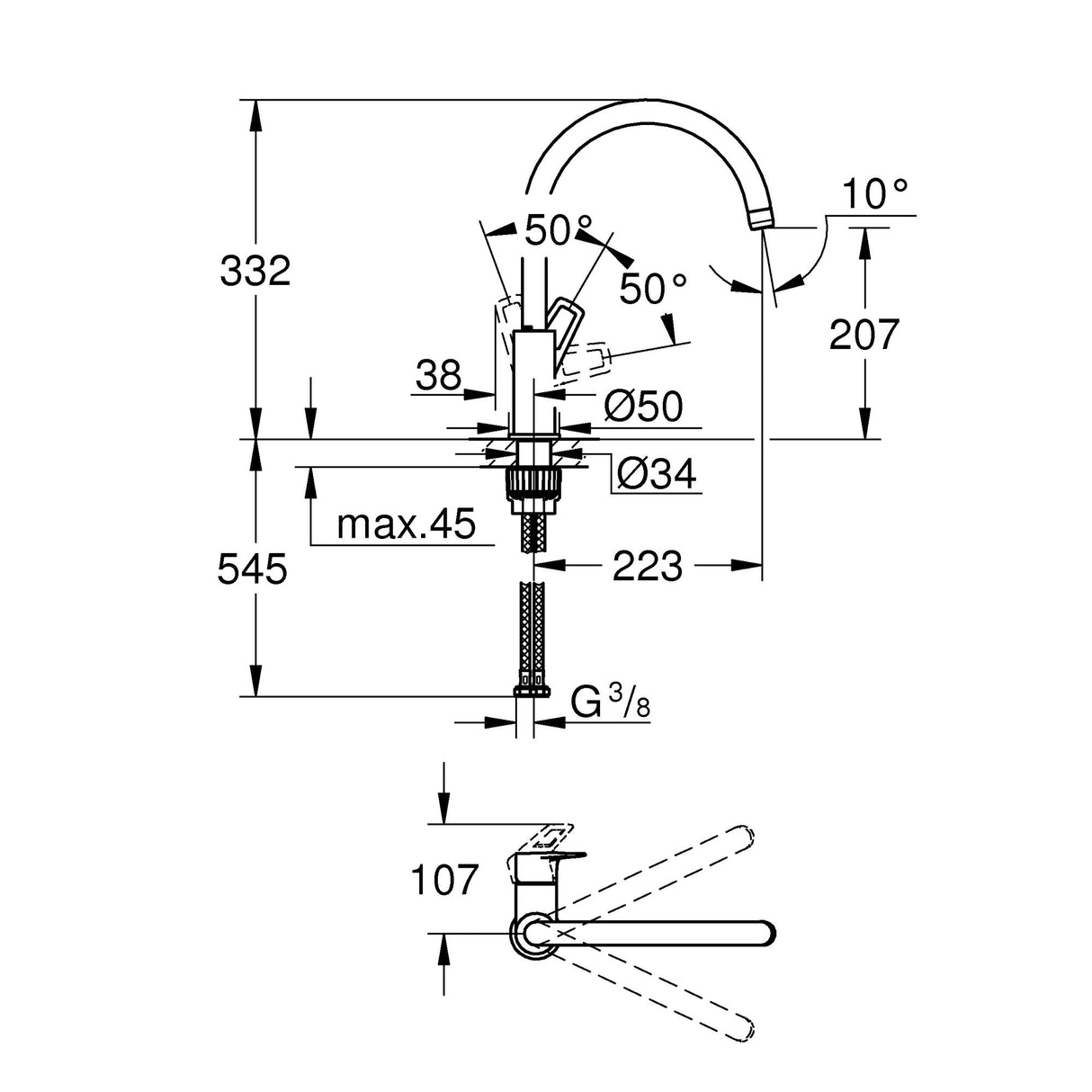Schéma technique robinet Grohe, mitigeur, couleur chromé, dimensions détaillées.