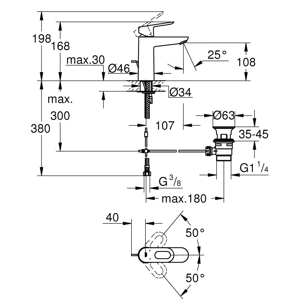 Robinet mitigeur Grohe argent, schéma technique avec dimensions détaillées.