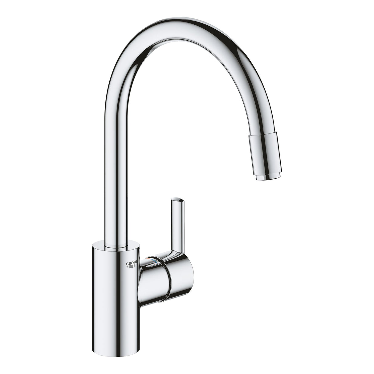Mitigeur de cuisine Grohe chromé, robinet moderne couleur argenté brillant