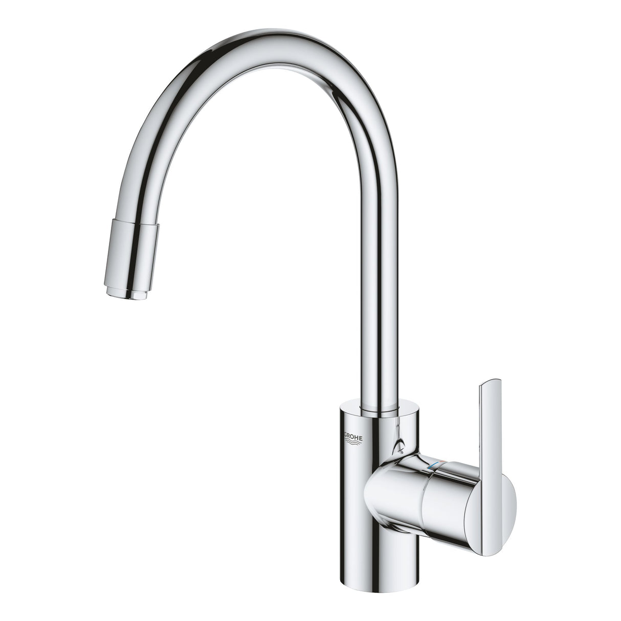 Mitigeur de cuisine Grohe chromé, robinet à bec haut, finition brillante, moderne.