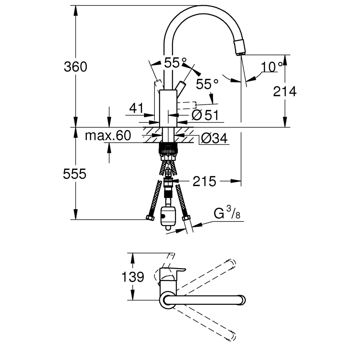 Mitigeur Grohe chromé, robinet de cuisine, schéma technique avec mesures détaillées.