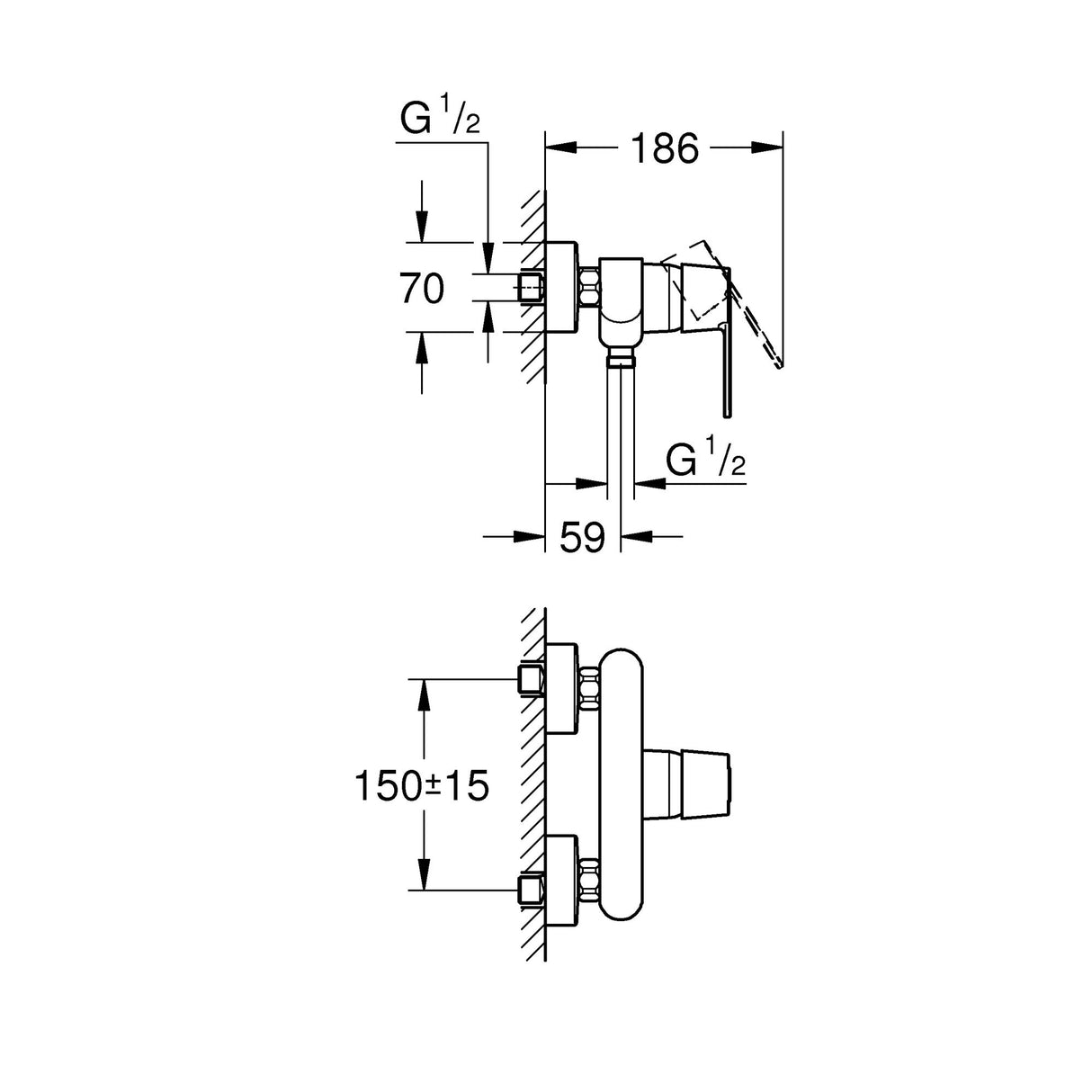 Schéma technique mitigeur douche Grohe argent, dimensions détaillées du robinet mural.