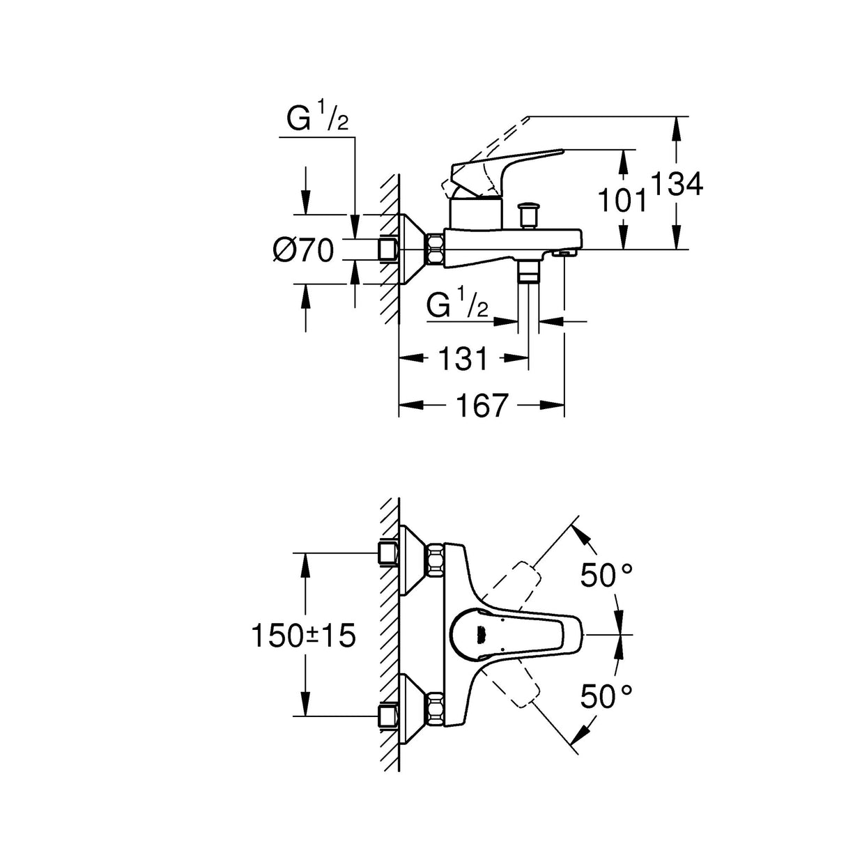 Plan technique mitigeur de bain Grohe chromé, schéma avec dimensions détaillées.
