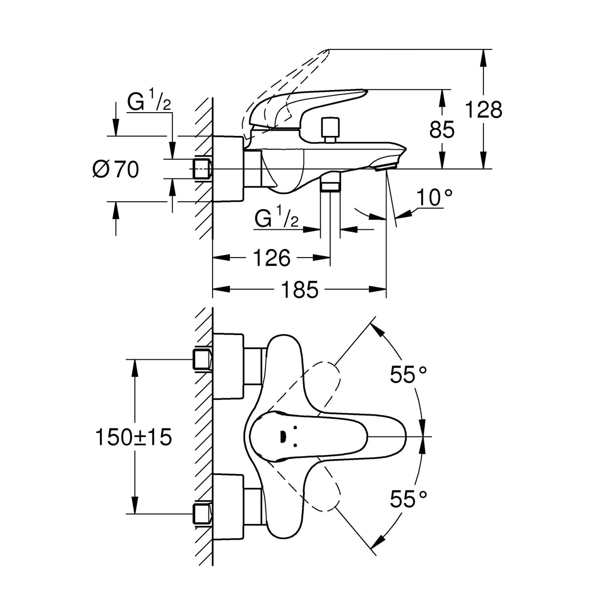 Schéma technique du mitigeur Grohe, robinetterie chromée pour douche, dimensions détaillées