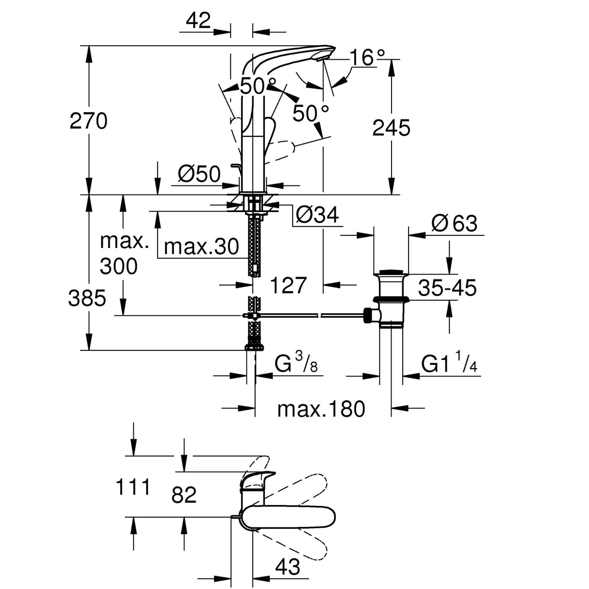 Schéma technique du mitigeur chromé Grohe pour lavabo, dimensions et angles détaillés.