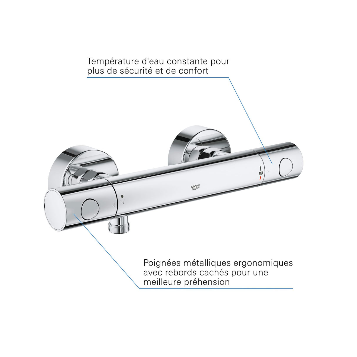 Mitigeur thermostatique Grohe, robinet mural, couleur chrome, design moderne