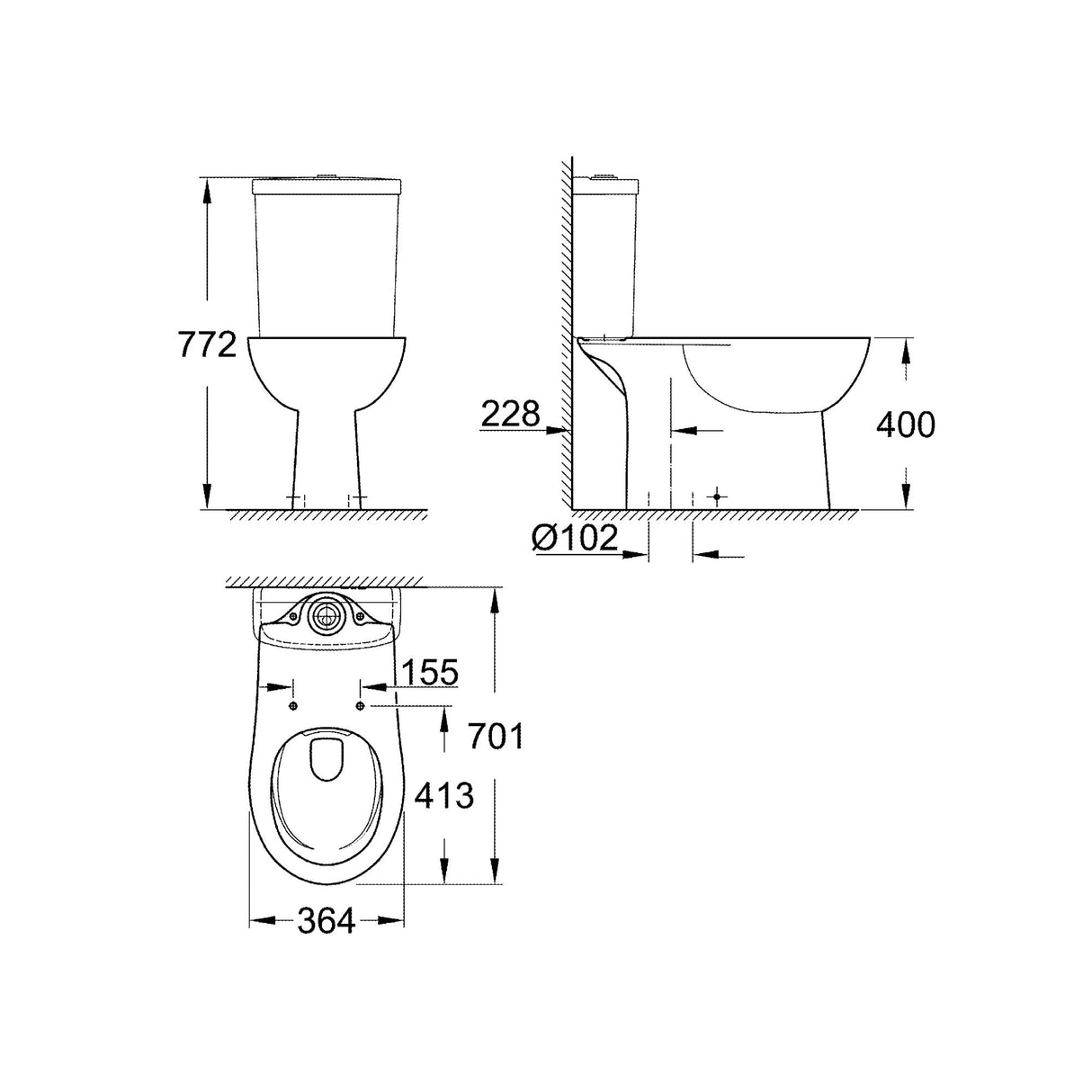 WC Grohe blanc, schéma technique avec dimensions précises du modèle sanitaire.