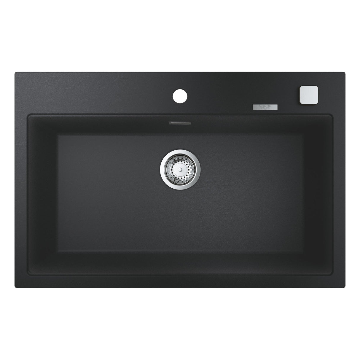 Évier Grohe rectangulaire noir, cuisine, moderne, avec bonde centrale en inox.