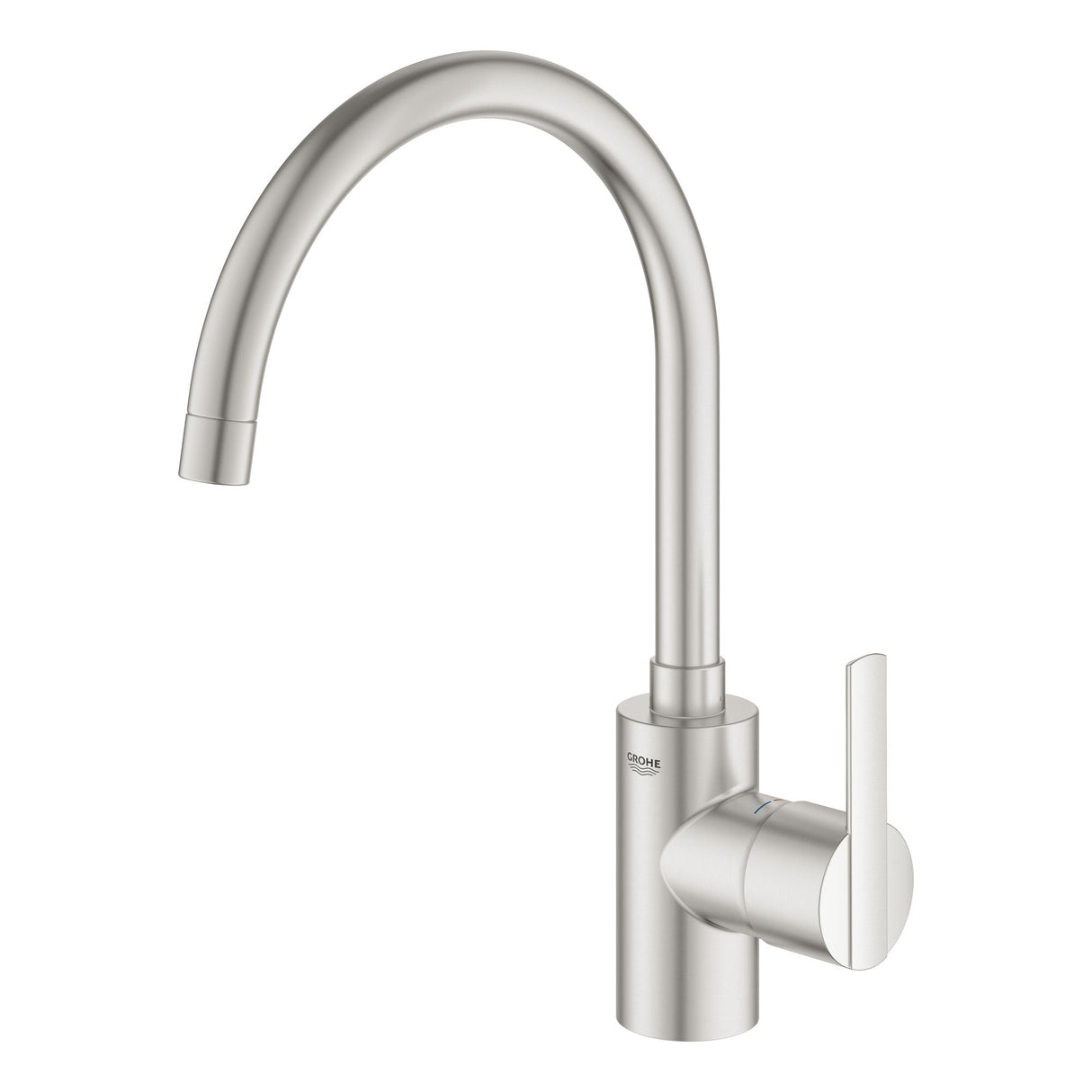 Mitigeur cuisine Grohe, robinet en inox, couleur argent, design moderne.