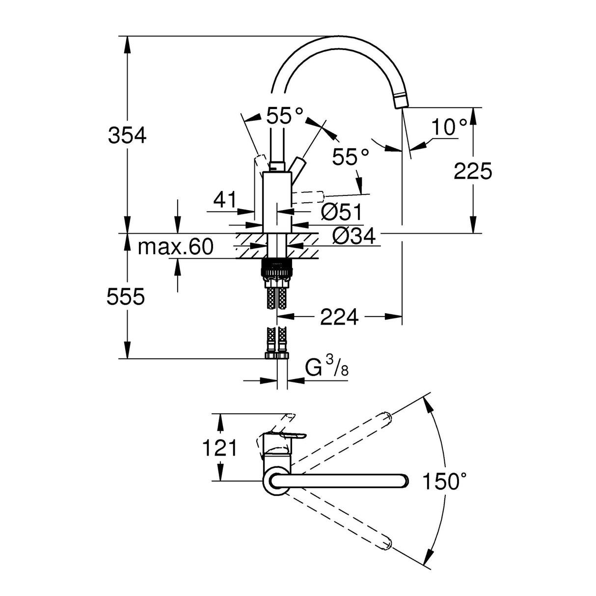 Schéma technique mitigeur de cuisine Grohe, inox, avec dimensions détaillées.