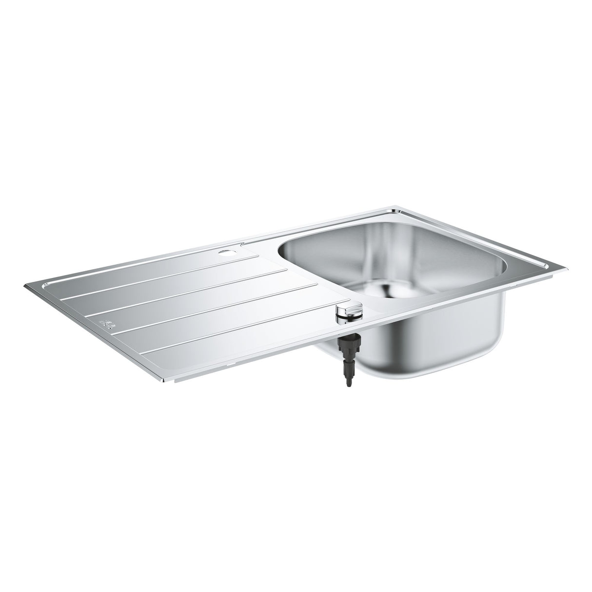 Évier inox Grohe, évier de cuisine rectangulaire, couleur argent, avec égouttoir.