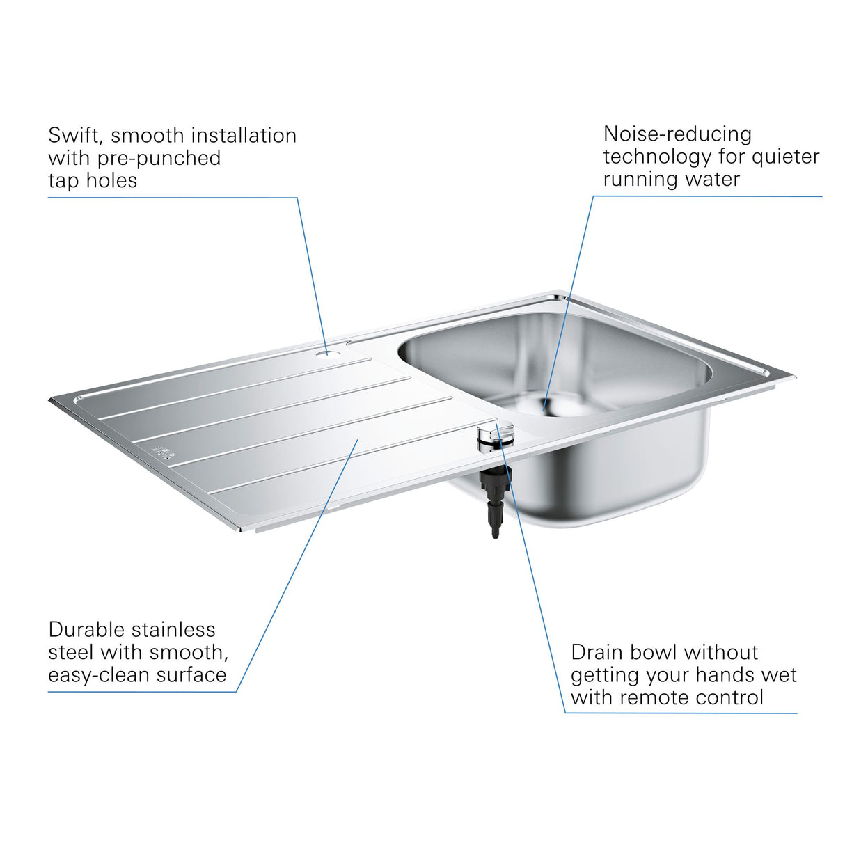 Évier inox Grohe, type évier de cuisine, couleur argent, une cuve avec égouttoir.