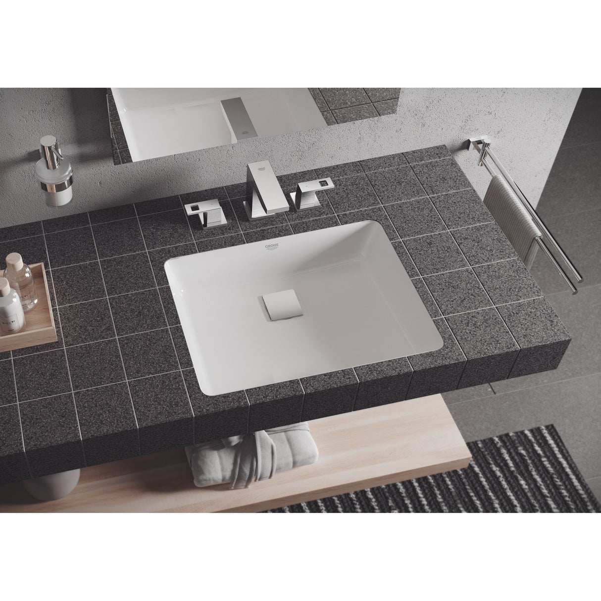 Lavabo Grohe rectangulaire blanc avec robinet moderne, plan vasque gris foncé