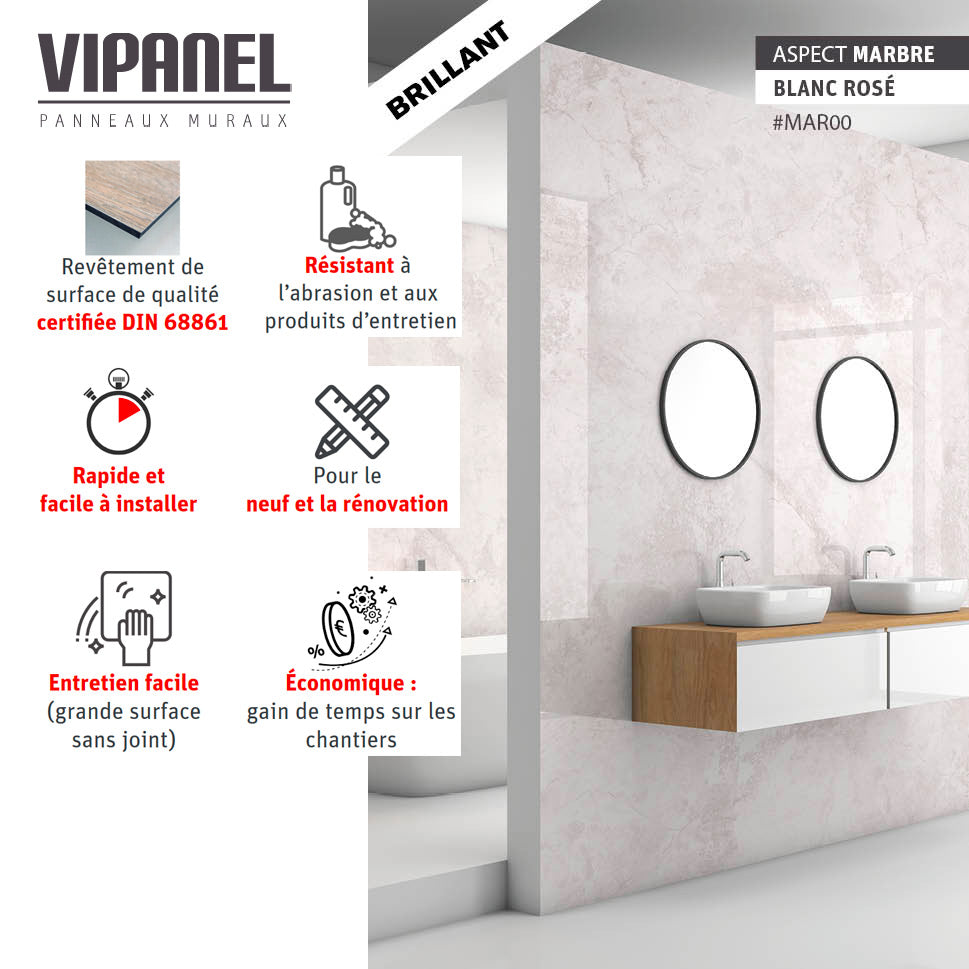 Panneau mural VIPANEL, marbre blanc rosé, finition brillante, pour salle de bain.