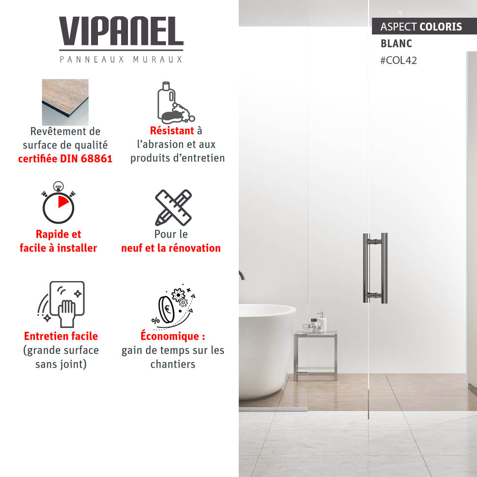 Panneau mural VIPANEL blanc, revêtement mural pour salle de bain, aspect blanc moderne.