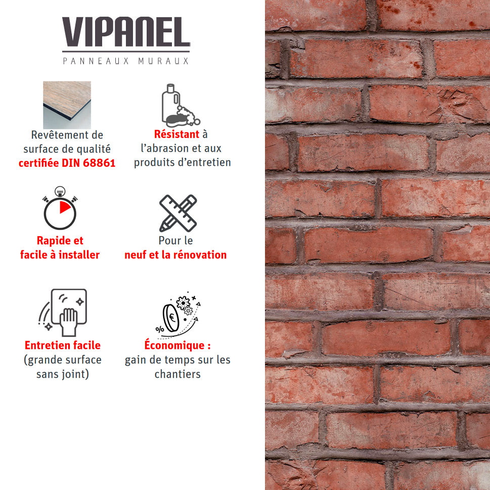 Panneau mural VIPANEL, imitation brique rouge, pour rénovation murale.