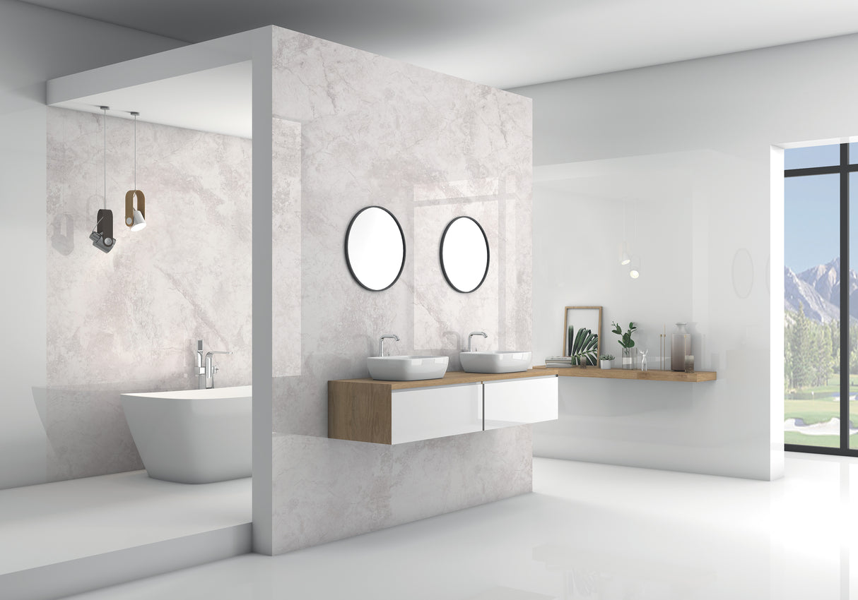 Panneau mural salle de bain Vipanel, type brillant, couleur marbre blanc rose.