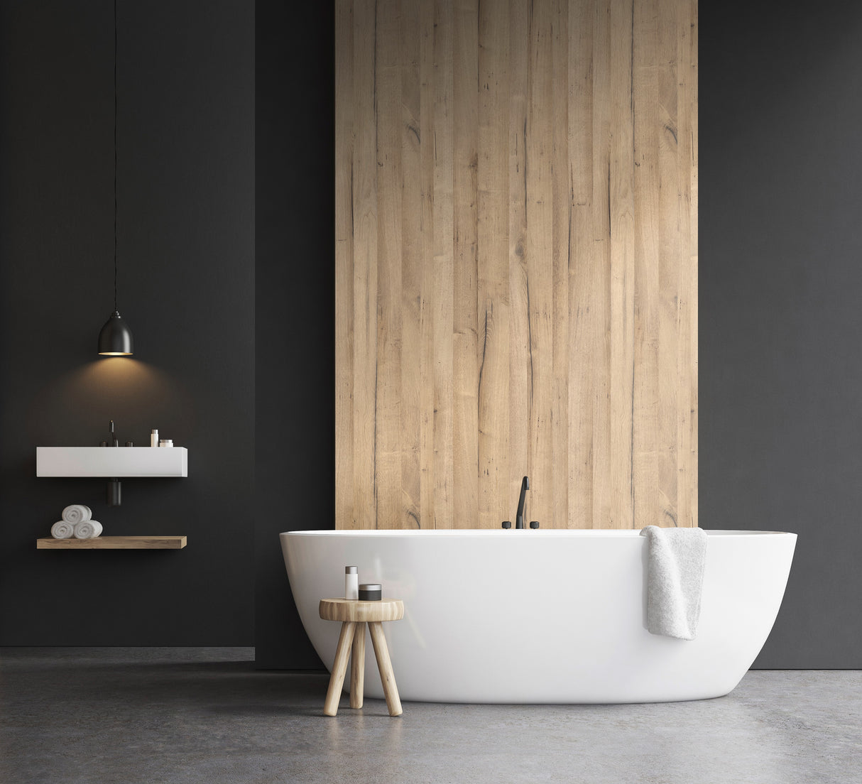 Baignoire VIPANEL, couleur mat perle, panneau mural bois érable, ambiance salle de bain moderne.